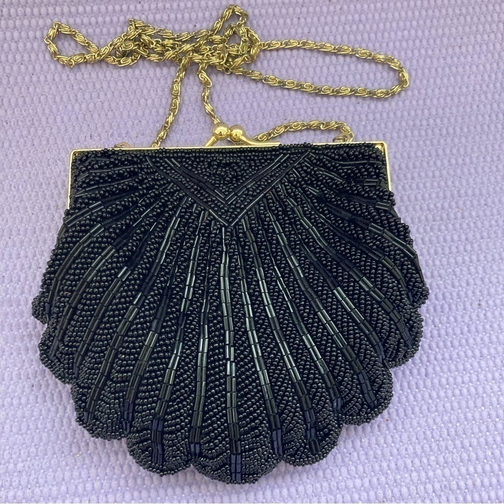 Black Beaded Clutch Purse Clam Shell Shoulder Bag 7” X 6”  with a 17” Chain Drop